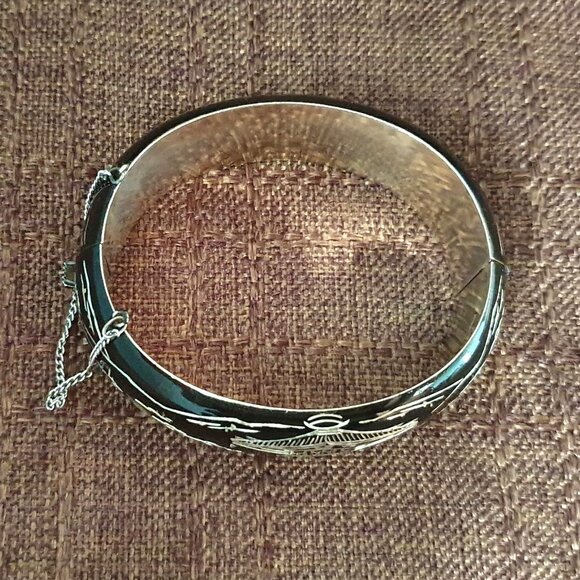 Vintage Japanese Damascene Niello Sterling Silver Pagoda Village Cuff Bangle - Picture 6 of 12